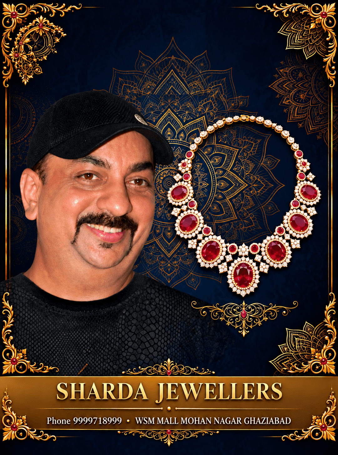 Sharda Jewellers & Gems owner in the original framed store poster with jewellery and contact details